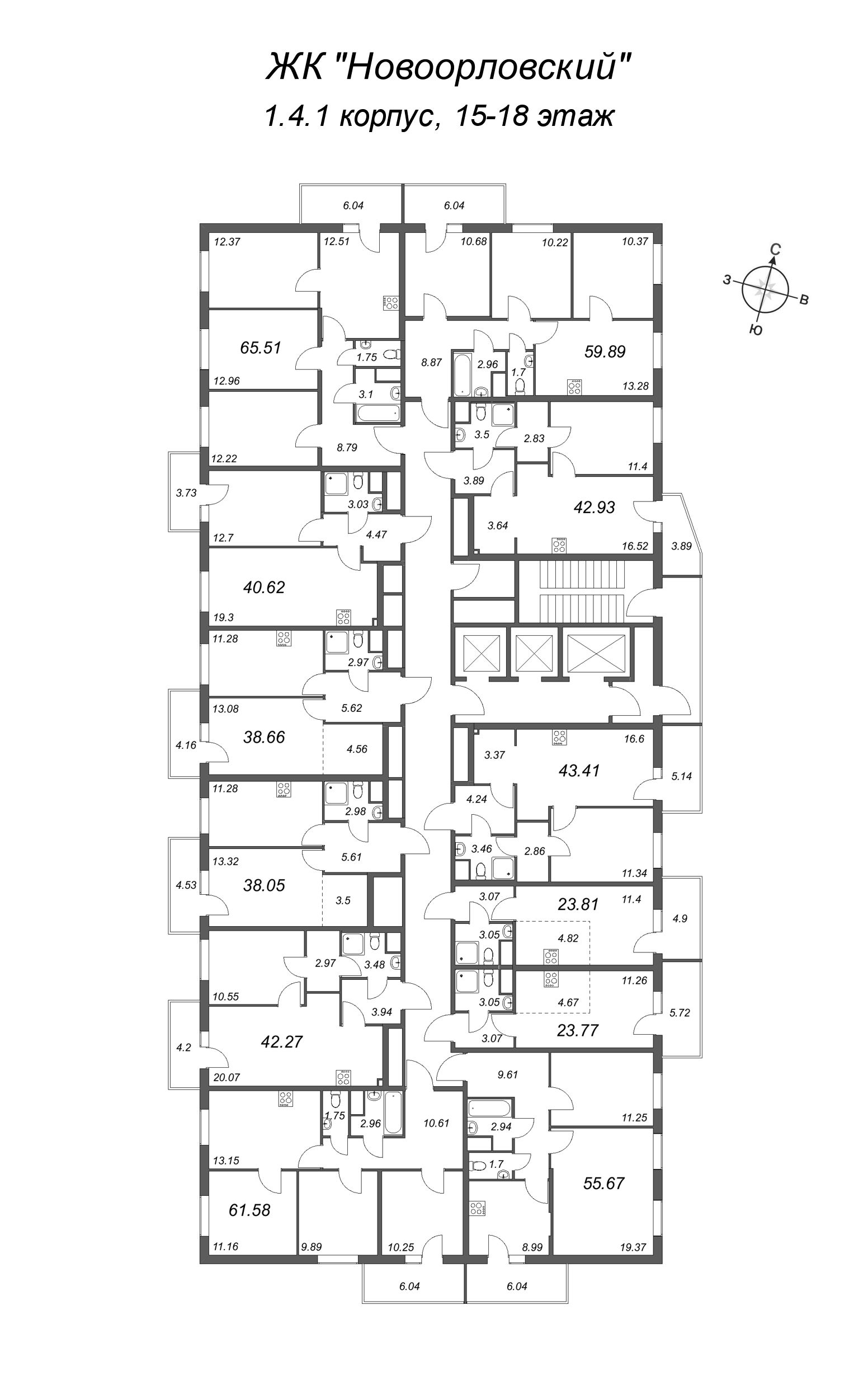 1-комнатная квартира, 38 м² в ЖК "Новоорловский" - планировка этажа