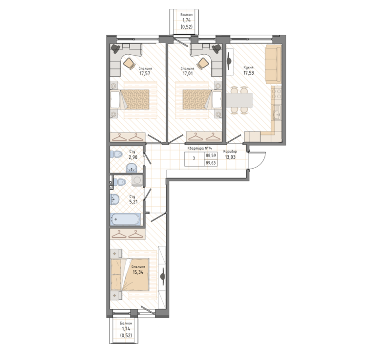 3-комнатная квартира, 90.6 м² в ЖК "Мануфактура James Beck" - планировка, фото №1