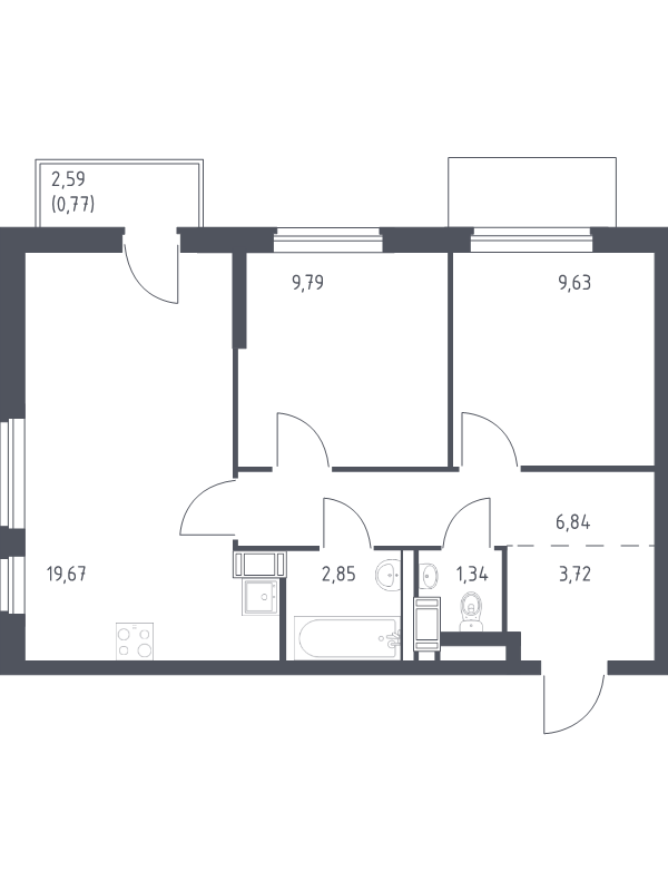 3-комнатная (Евро) квартира, 54.61 м² в ЖК "Квартал Торики" - планировка, фото №1