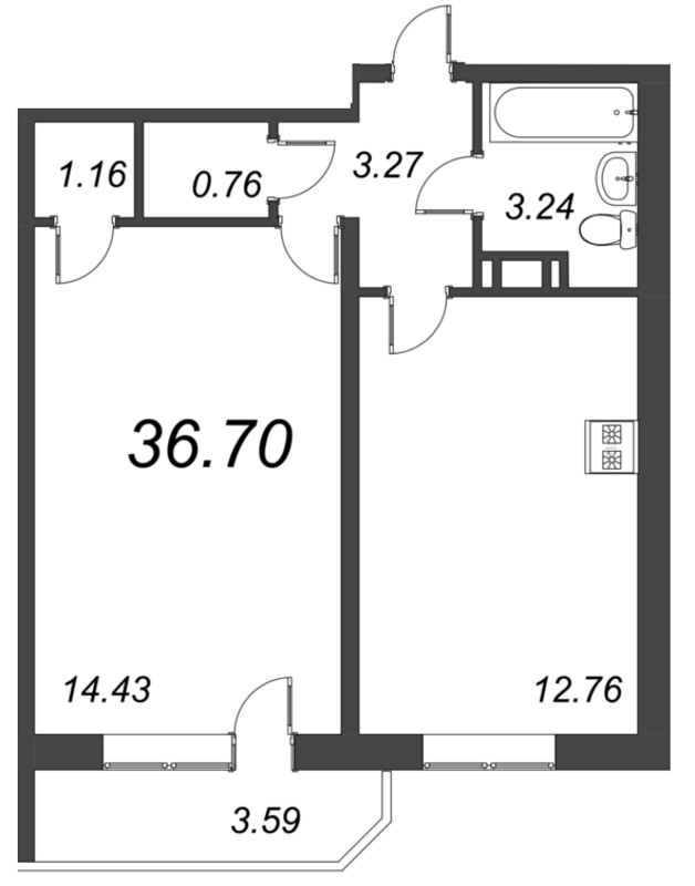 1-комнатная квартира, 33.45 м² в ЖК "Капральский" - планировка, фото №1