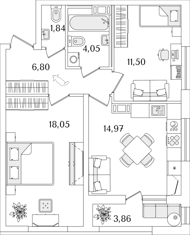 2-комнатная квартира, 59.14 м² в ЖК "Лайнеръ" - планировка, фото №1