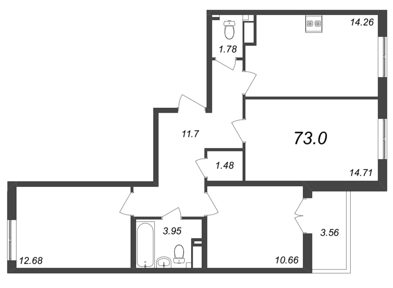 3-комнатная квартира, 74.78 м² в ЖК "Jaanila Драйв" - планировка, фото №1