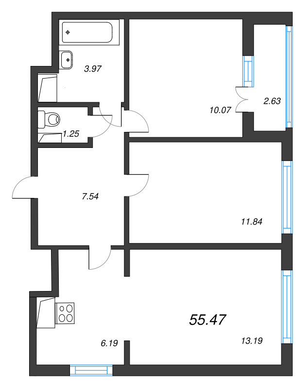 3-комнатная (Евро) квартира, 55.47 м² в ЖК "AEROCITY" - планировка, фото №1