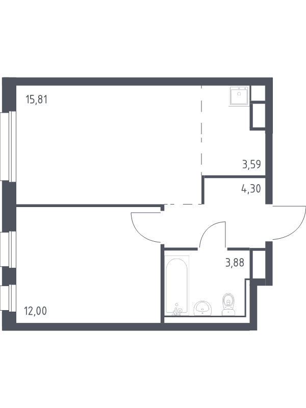 2-комнатная (Евро) квартира, 39.58 м² в ЖК "Новые Лаврики" - планировка, фото №1