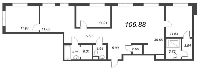 3-комнатная квартира, 107.9 м² в ЖК "Малоохтинский, 68" - планировка, фото №1