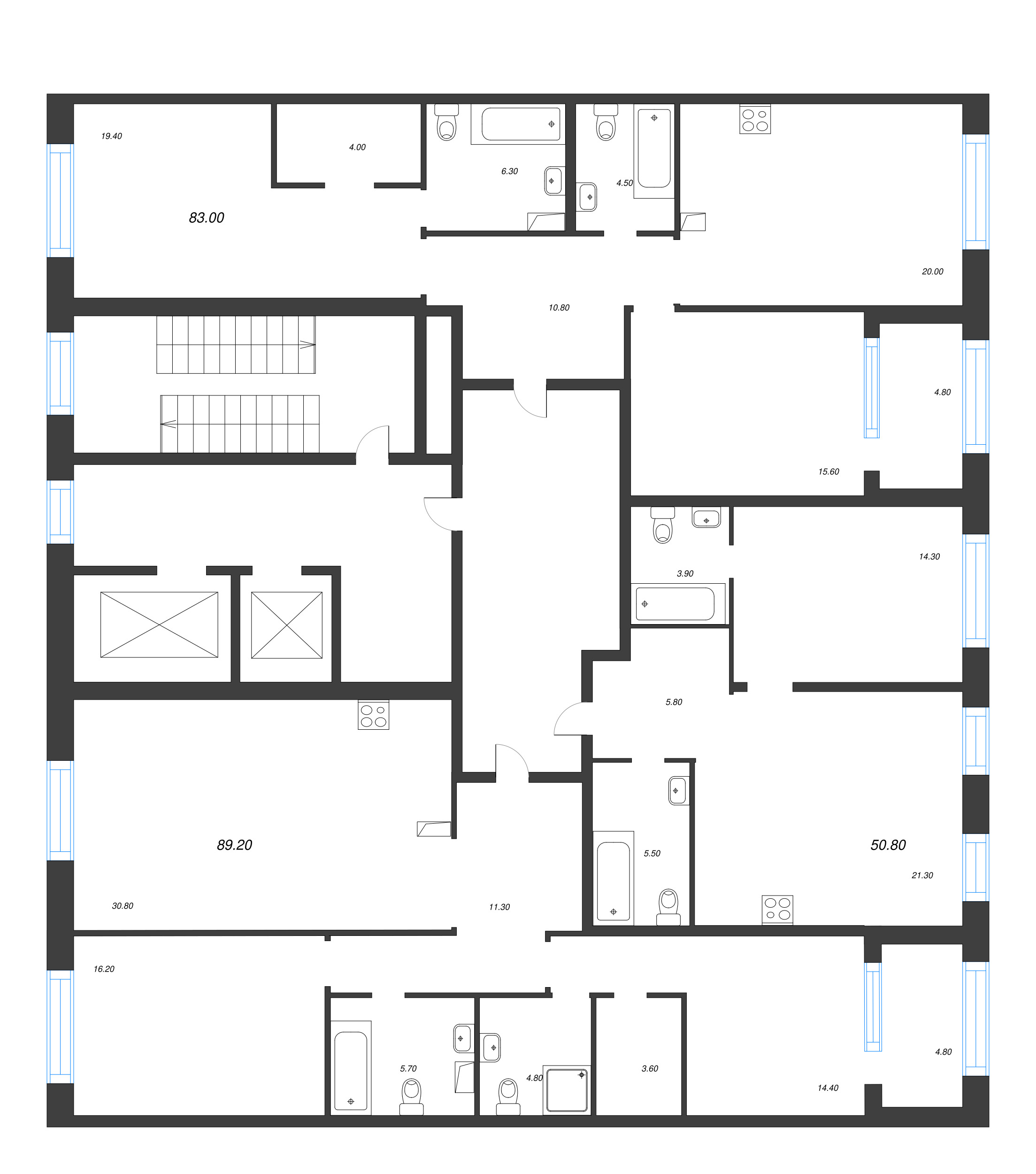 3-комнатная (Евро) квартира, 89.2 м² в ЖК "ЛДМ" - планировка этажа
