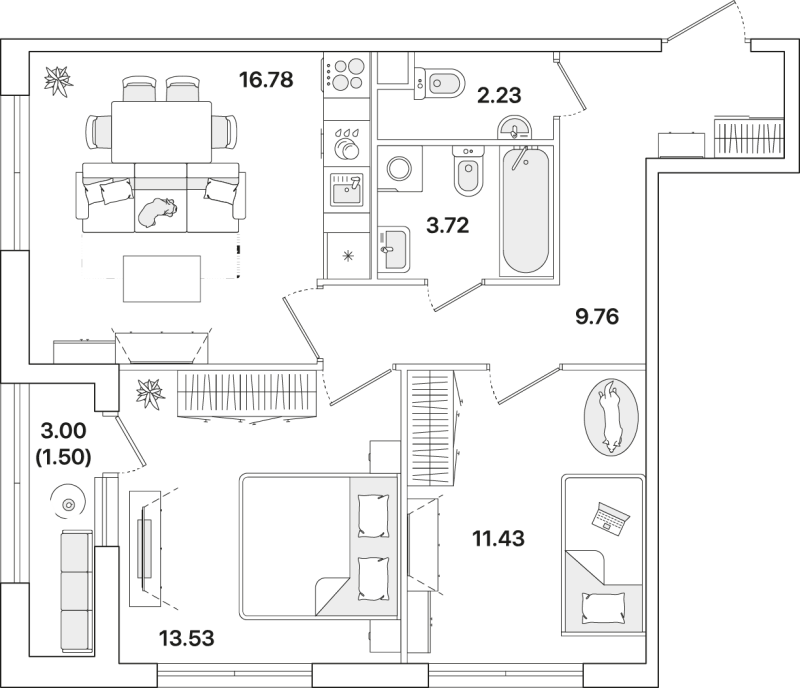 3-комнатная (Евро) квартира, 58.95 м² в ЖК "Академик" - планировка, фото №1