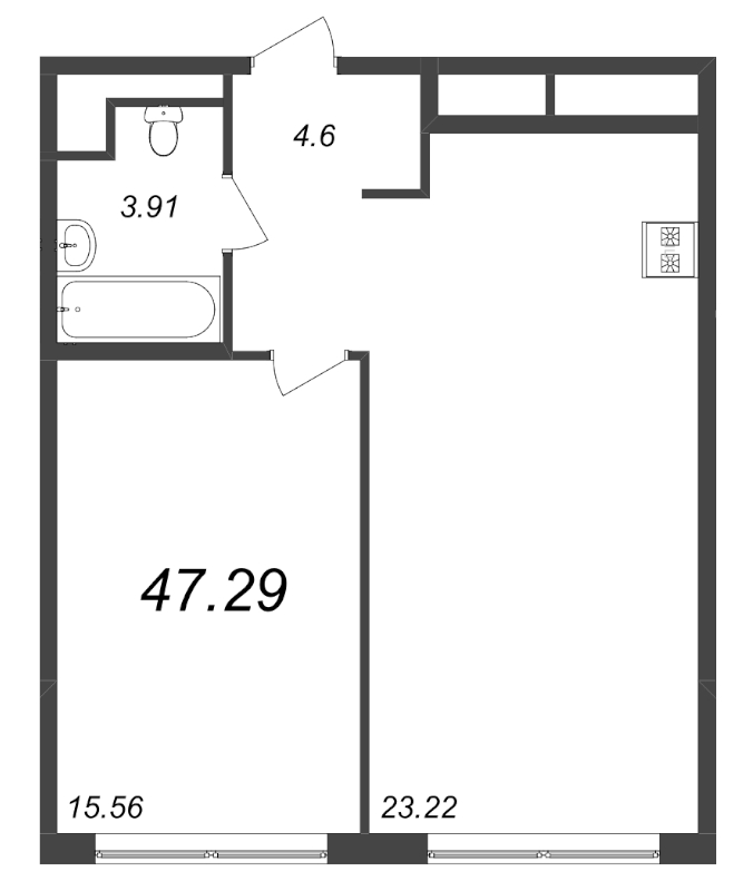 2-комнатная (Евро) квартира, 47.29 м² в ЖК "GloraX Premium Василеостровский" - планировка, фото №1