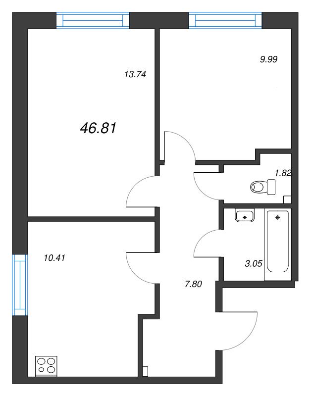 2-комнатная квартира, 46.81 м² - планировка, фото №1