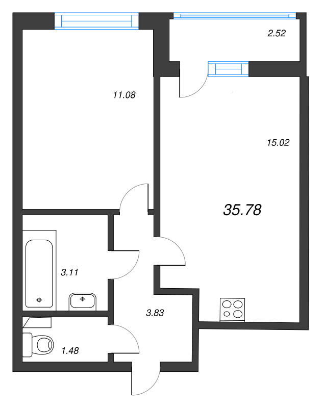 2-комнатная (Евро) квартира, 35.78 м² в ЖК "AEROCITY" - планировка, фото №1