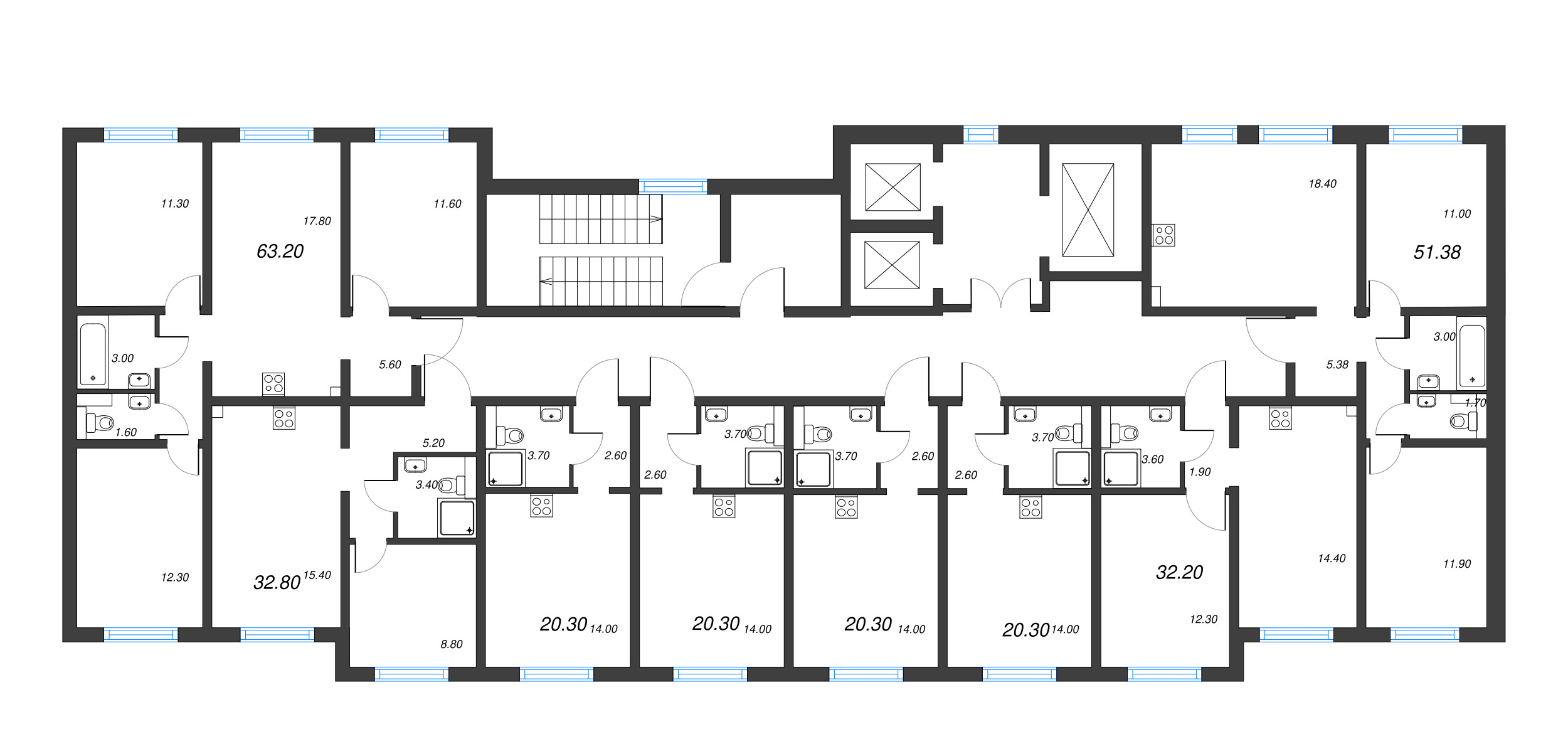 3-комнатная квартира, 63.2 м² - планировка этажа