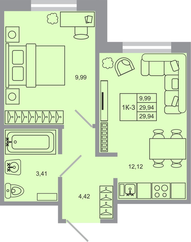 1-комнатная квартира, 29.94 м² в ЖК "Стороны света-2" - планировка, фото №1