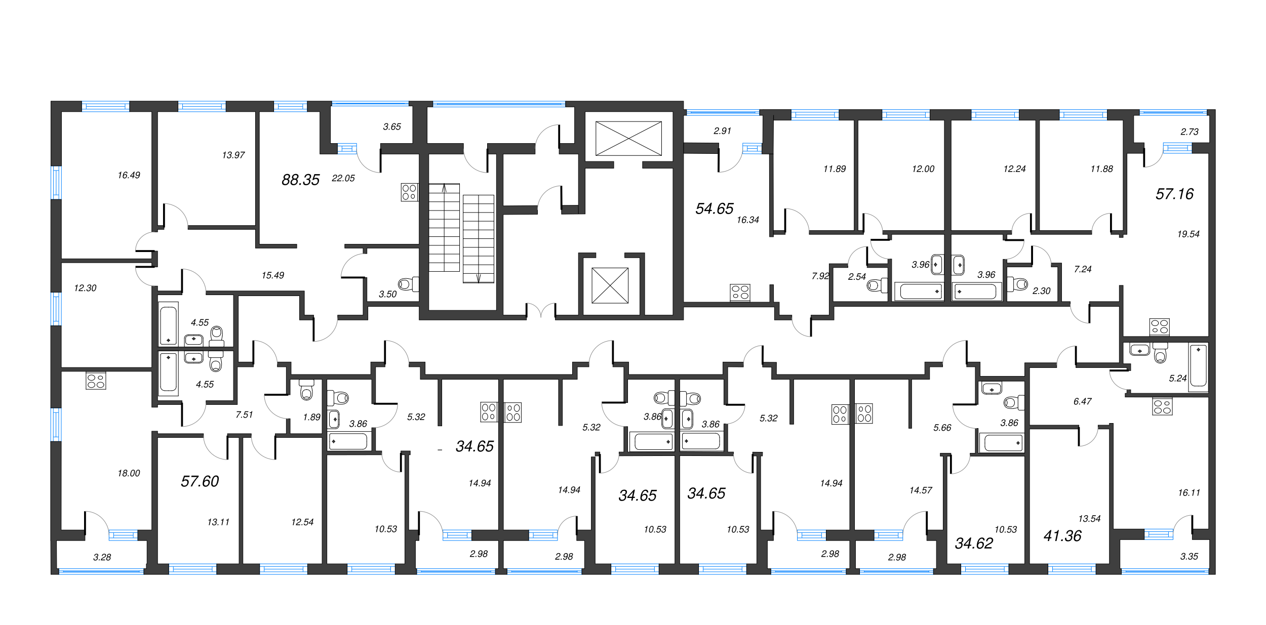 4-комнатная (Евро) квартира, 88.35 м² в ЖК "Город Первых" - планировка этажа