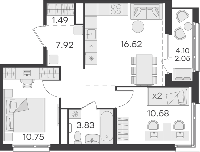 3-комнатная (Евро) квартира, 53.14 м² в ЖК "GloraX Парголово" - планировка, фото №1