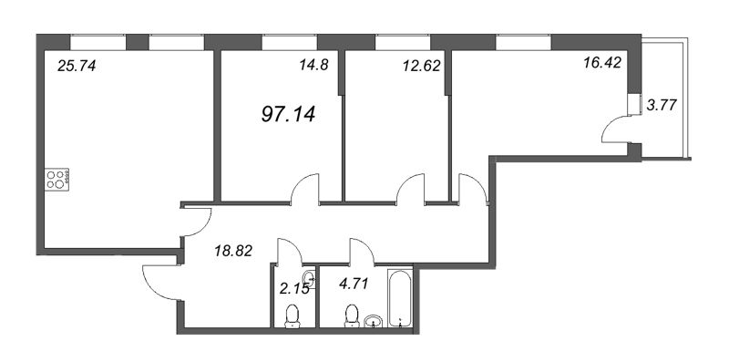 4-комнатная (Евро) квартира, 95.8 м² в ЖК "Аквилон Zalive" - планировка, фото №1