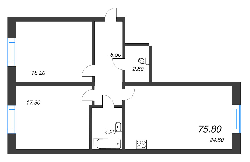3-комнатная (Евро) квартира, 75.8 м² в ЖК "Neva Haus" - планировка, фото №1