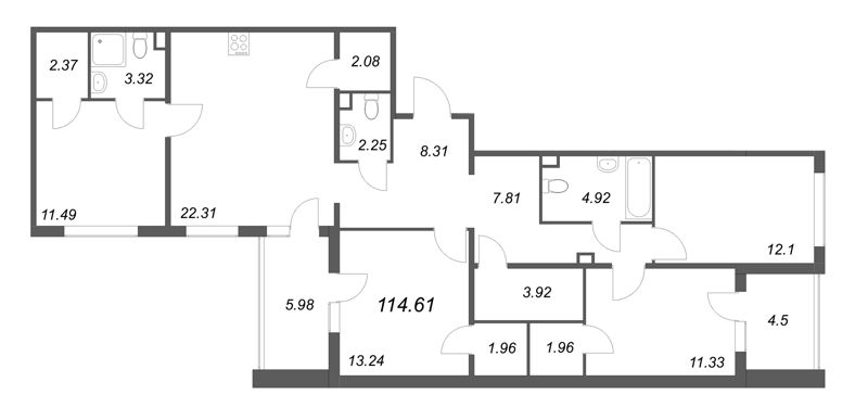 5-комнатная (Евро) квартира, 114.61 м² в ЖК "ЛесArt" - планировка, фото №1