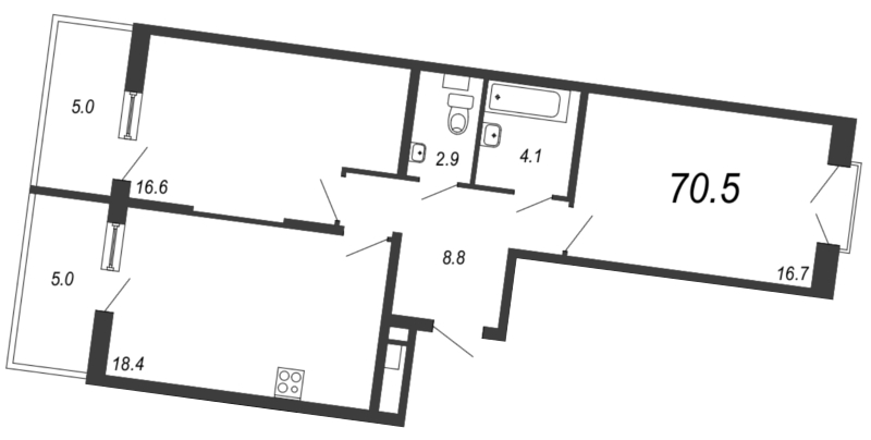 2-комнатная квартира, 70.5 м² в ЖК "Квартал Che" - планировка, фото №1