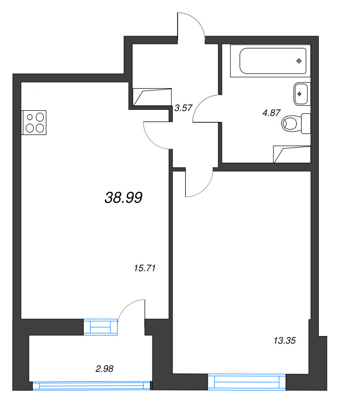 2-комнатная (Евро) квартира, 38.91 м² в ЖК "Аквилон Leaves" - планировка, фото №1