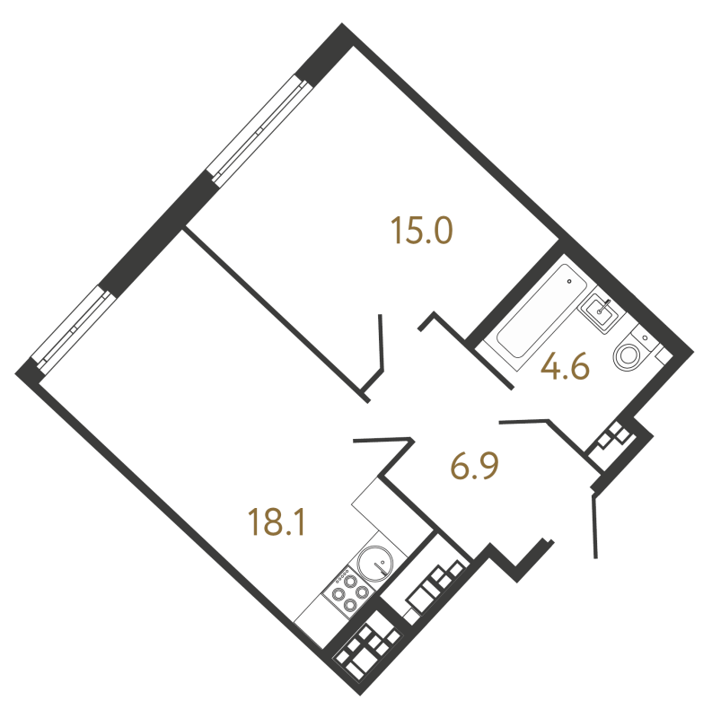 2-комнатная (Евро) квартира, 44.6 м² в ЖК "МИРЪ" - планировка, фото №1