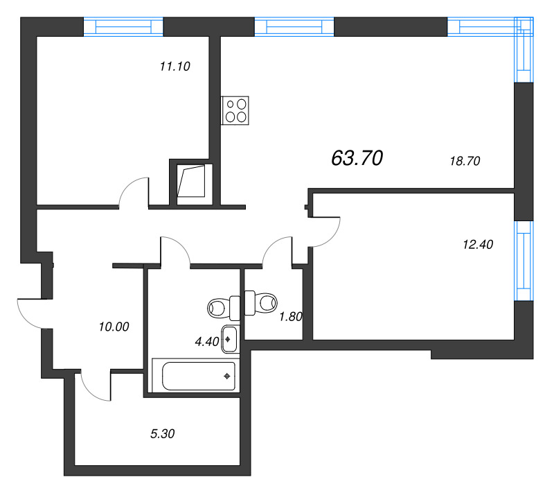 3-комнатная (Евро) квартира, 63.7 м² в ЖК "Струны" - планировка, фото №1