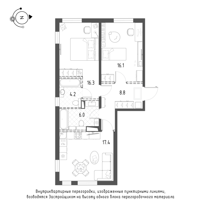 2-комнатная квартира, 68.2 м² в ЖК "Domino Premium" - планировка, фото №1