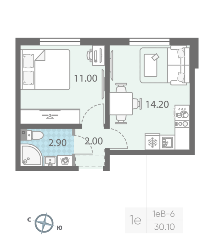 1-комнатная квартира, 30.1 м² - планировка, фото №1