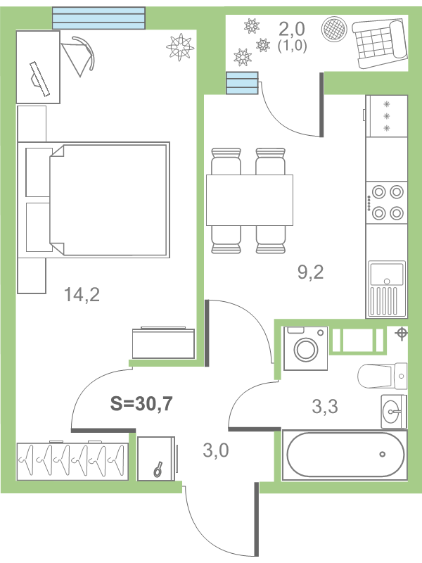 1-комнатная квартира, 31.3 м² в ЖК "Дуэт" - планировка, фото №1