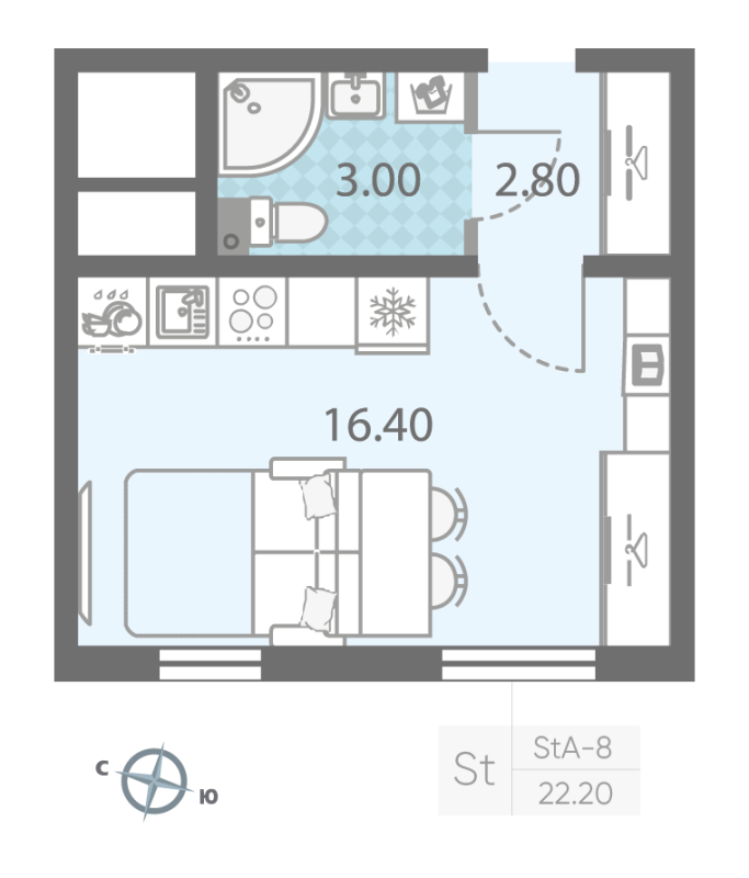 Квартира-студия, 22.2 м² - планировка, фото №1