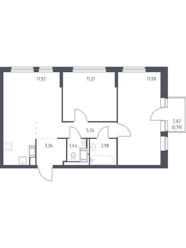 3-комнатная (Евро) квартира, 60.02 м² - планировка, фото №1