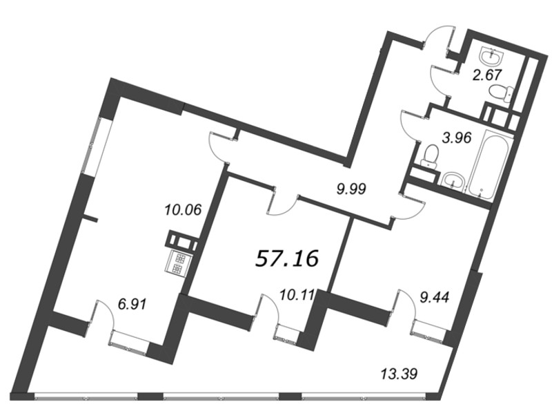 3-комнатная (Евро) квартира, 57.16 м² в ЖК "Курортный Квартал" - планировка, фото №1