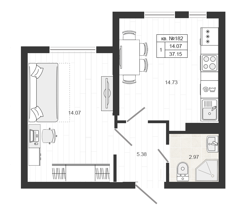 2-комнатная (Евро) квартира, 37.4 м² в ЖК "Верево Сити" - планировка, фото №1