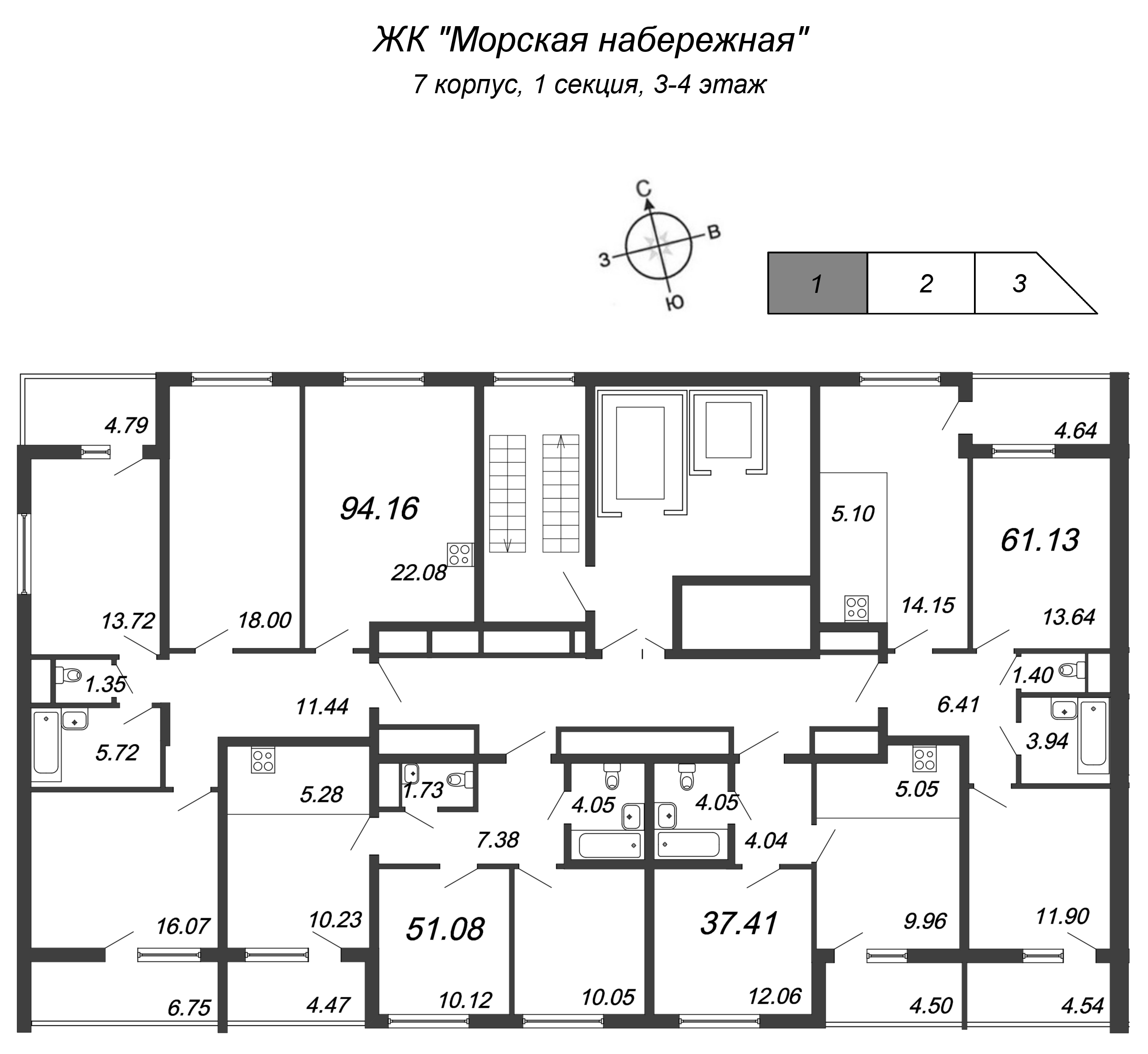 4-комнатная (Евро) квартира, 92.2 м² в ЖК "Морская набережная" - планировка этажа