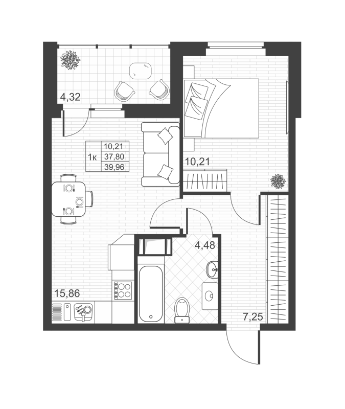 1-комнатная квартира, 39.96 м² - планировка, фото №1