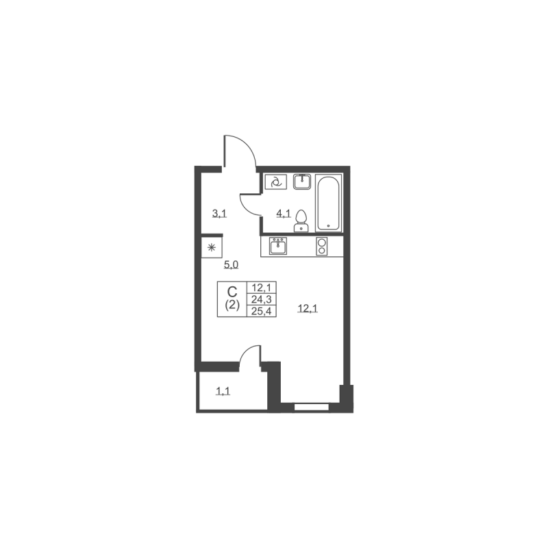 Квартира-студия, 25.4 м² в ЖК "Ермак" - планировка, фото №1