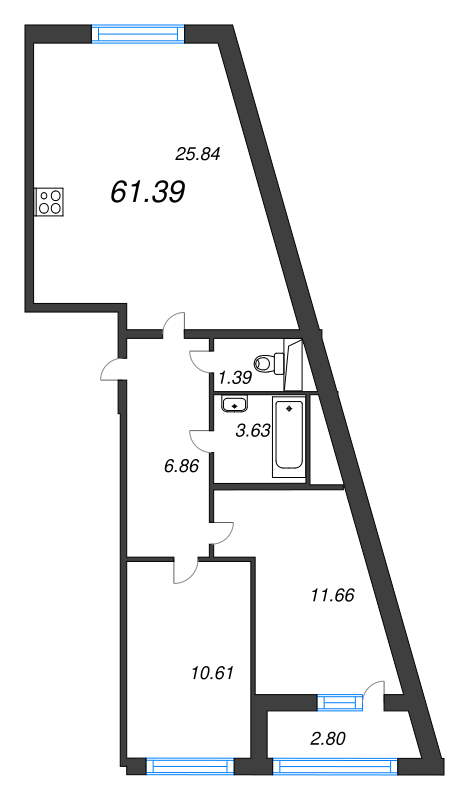 3-комнатная (Евро) квартира, 61.39 м² в ЖК "Морская набережная" - планировка, фото №1