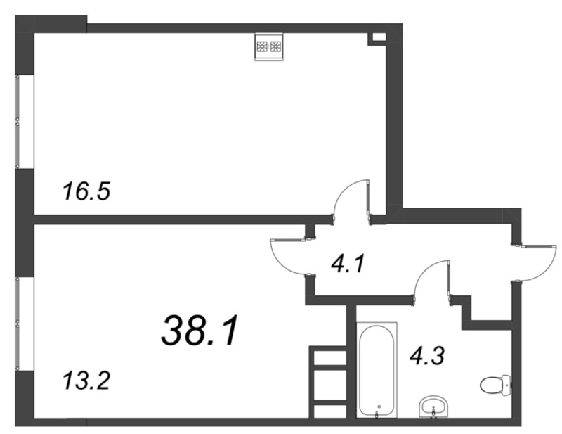 2-комнатная (Евро) квартира, 38.1 м² в ЖК "Парусная 1" - планировка, фото №1