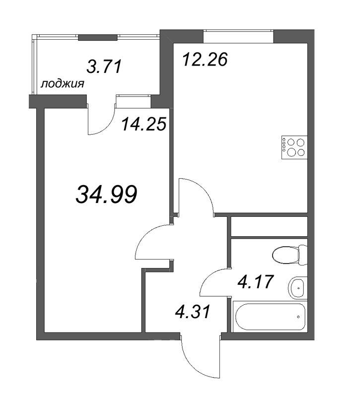1-комнатная квартира, 34.99 м² в ЖК "Ясно.Янино" - планировка, фото №1