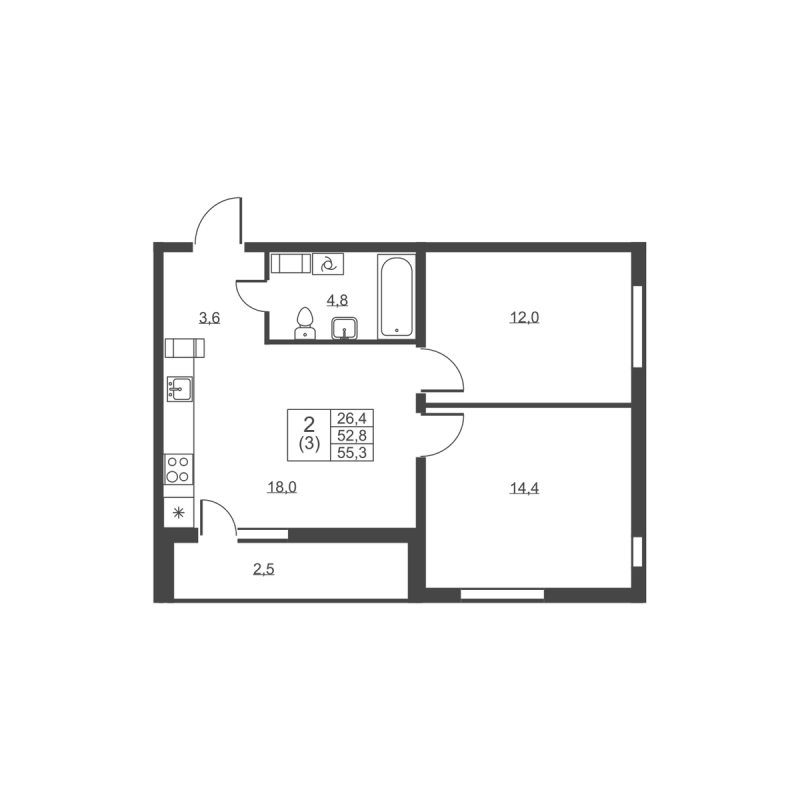 3-комнатная (Евро) квартира, 55.3 м² в ЖК "Ермак" - планировка, фото №1
