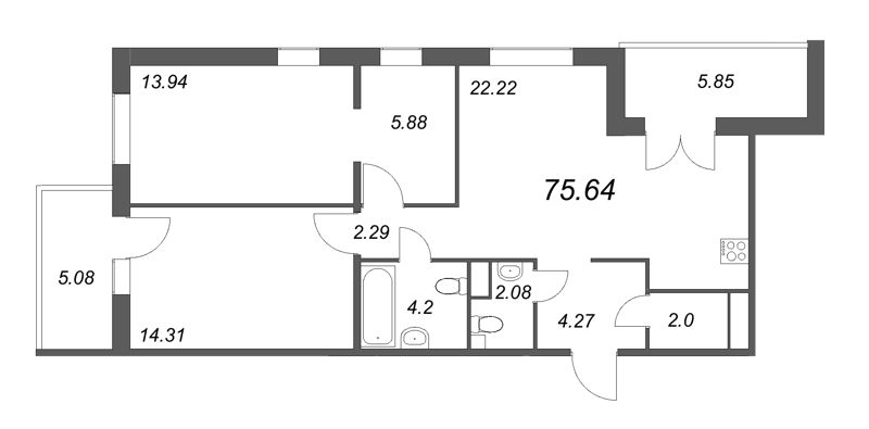 4-комнатная (Евро) квартира, 75.94 м² в ЖК "IQ Гатчина" - планировка, фото №1