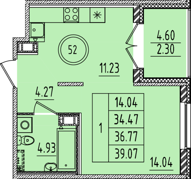 1-комнатная квартира, 34.47 м² в ЖК "Образцовый квартал 14" - планировка, фото №1