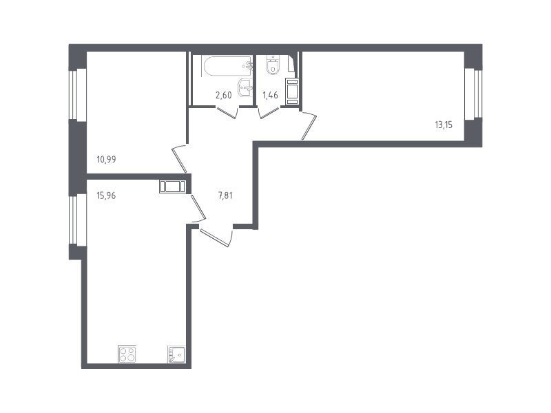 3-комнатная (Евро) квартира, 51.97 м² в ЖК "Новое Колпино" - планировка, фото №1