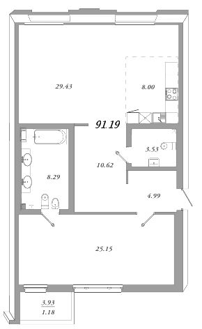 2-комнатная (Евро) квартира, 95.3 м² в ЖК "Приоритет" - планировка, фото №1