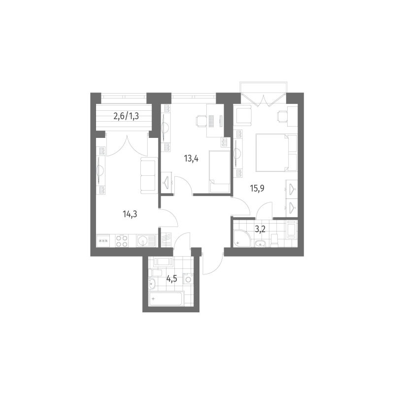 2-комнатная квартира, 60.76 м² в ЖК "Наука" - планировка, фото №1