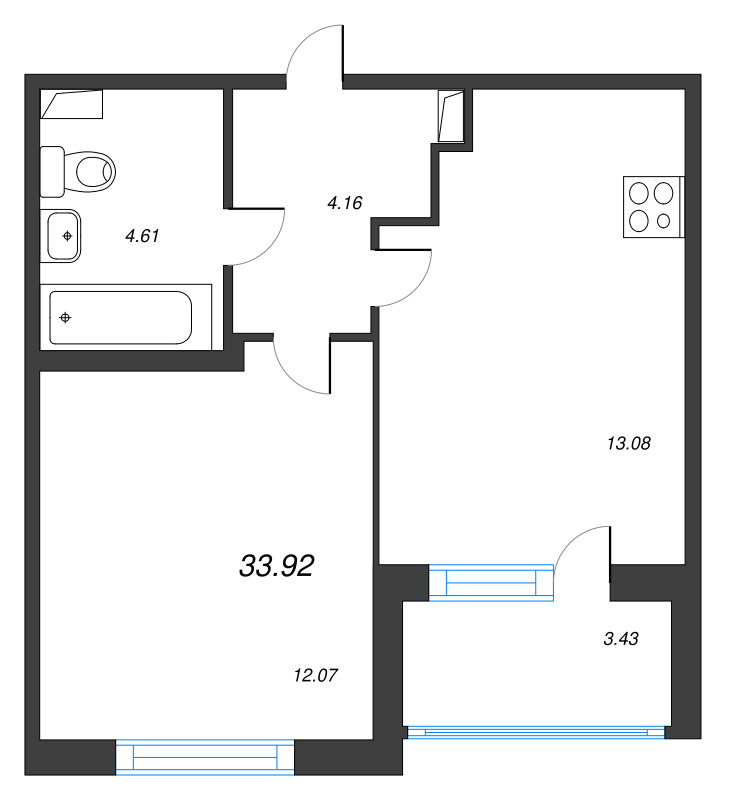 1-комнатная квартира, 33.92 м² в ЖК "ЮгТаун" - планировка, фото №1