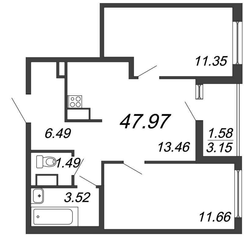 3-комнатная (Евро) квартира, 47.97 м² в ЖК "Чёрная речка" - планировка, фото №1