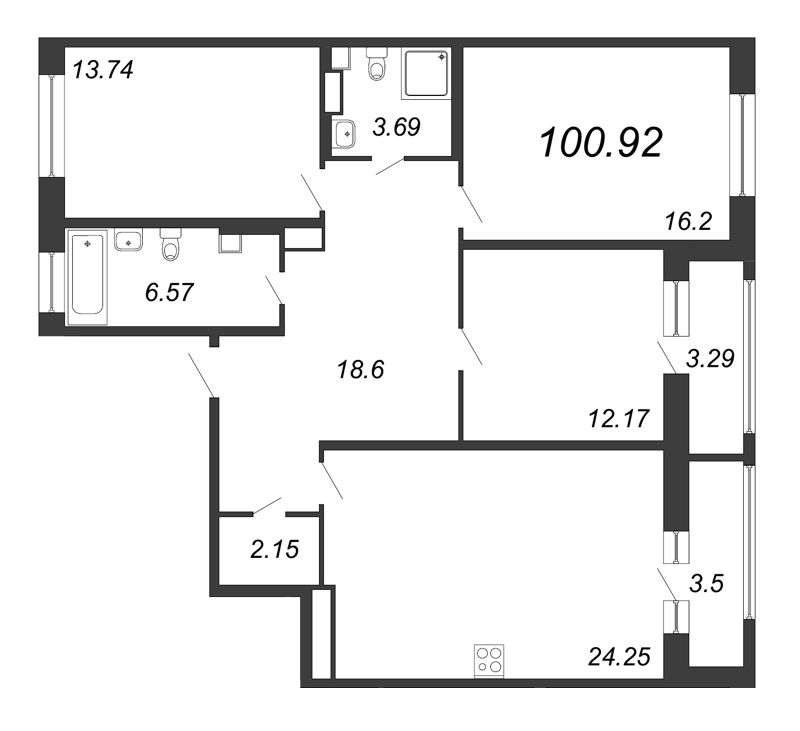 4-комнатная (Евро) квартира, 100.92 м² в ЖК "Modum" - планировка, фото №1
