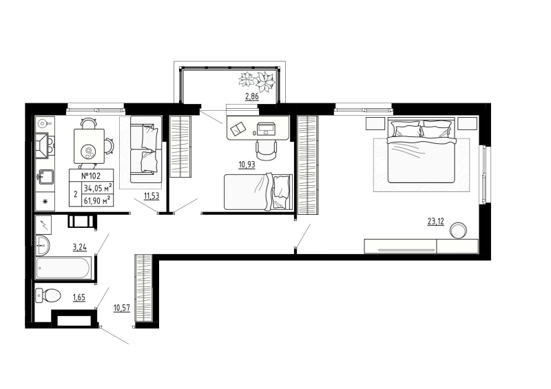 2-комнатная квартира, 61.9 м² - планировка, фото №1