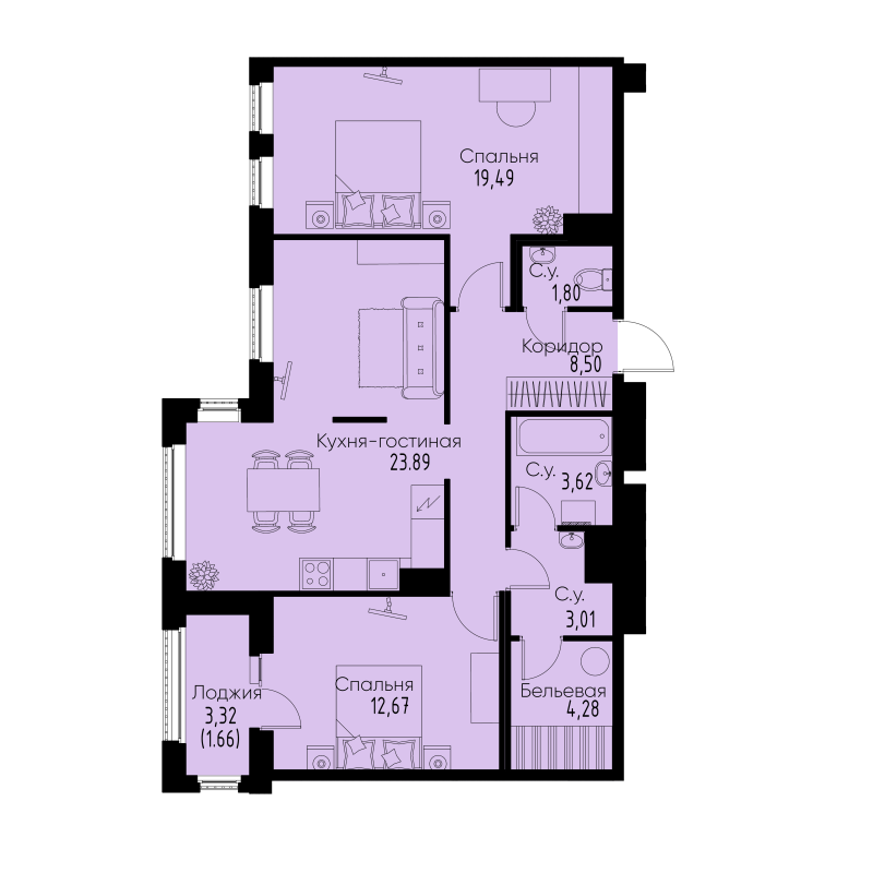3-комнатная (Евро) квартира, 78.93 м² в ЖК "ID Park Pobedy" - планировка, фото №1