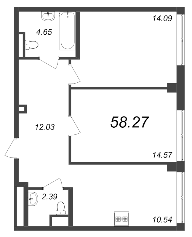 2-комнатная квартира, 58.27 м² в ЖК "GloraX Premium Василеостровский" - планировка, фото №1